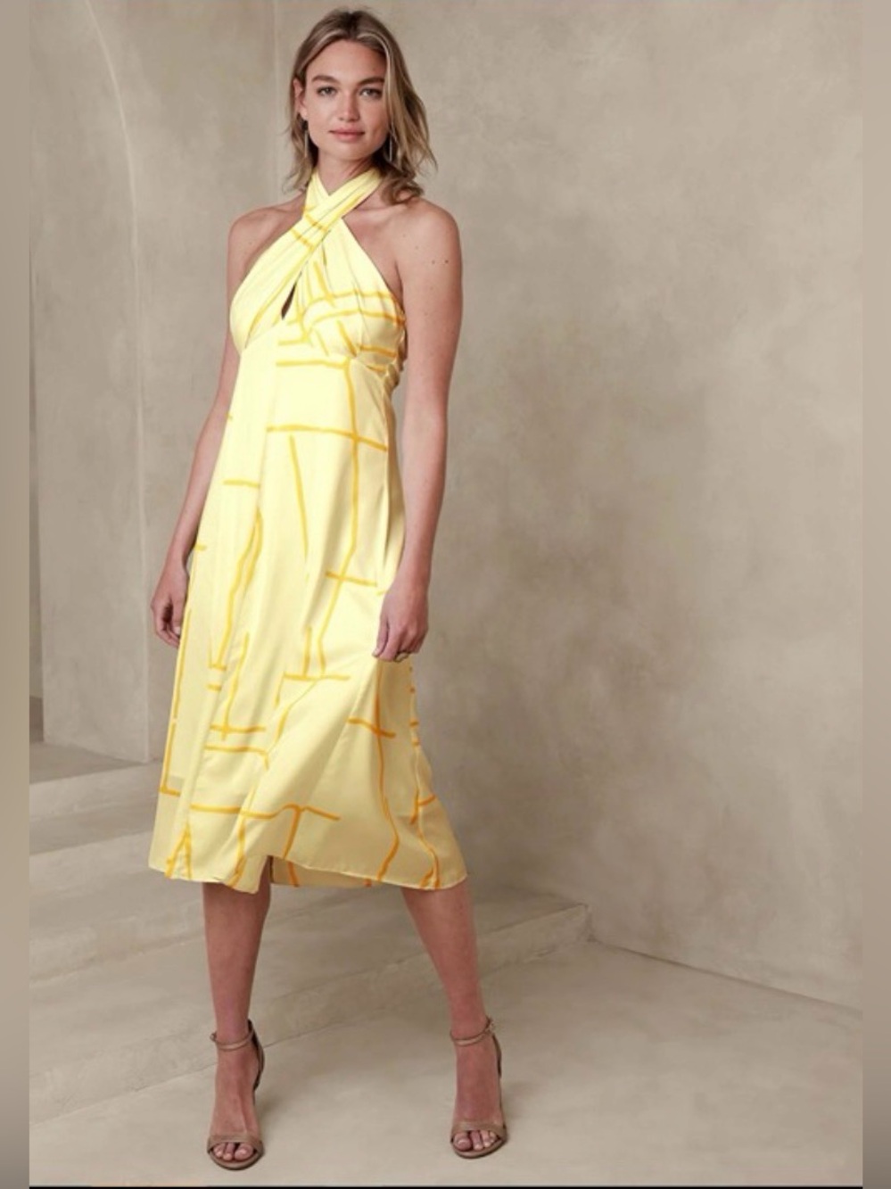 Banana Republic Wrap Halter Midi Dress Yellow Lotus  size 16